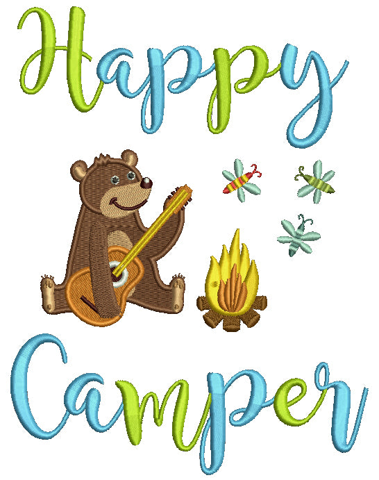 Happy Camper Cute Bear Playing Guitar By The Fire Filled Machine Embroidery Design Digitized Pattern