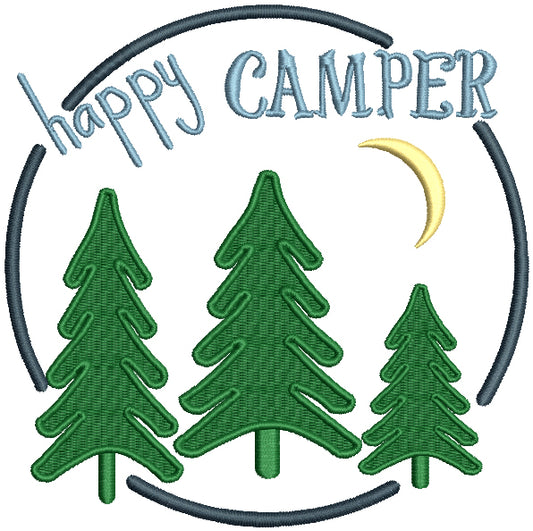 Happy Camper Three Pine Trees And Moon Filled Machine Embroidery Design Digitized Pattern