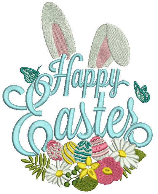 Happy Cute Easter Bunny Ears Filled Machine Embroidery Design Digitized Pattern