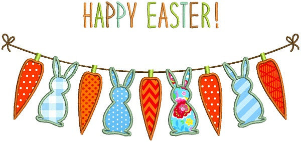 Happy Easter Banner With Carrots and Bunnies Applique Machine Embroidery Design Digitized Pattern