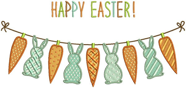 Happy Easter Banner With Carrots and Bunnies Filled Machine Embroidery Design Digitized Pattern