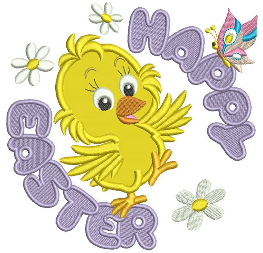 Happy Easter Chick With Butterfly and Daisies Applique Machine Embroidery Design Digitized Pattern