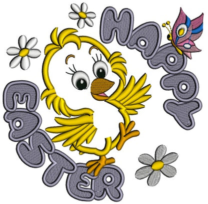 Happy Easter Chick With Butterfly and Daisies Applique Machine Embroidery Design Digitized Pattern