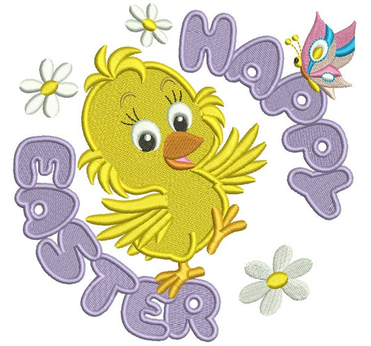 Happy Easter Chick With Butterfly and Daisies Filled Machine Embroidery Design Digitized Pattern