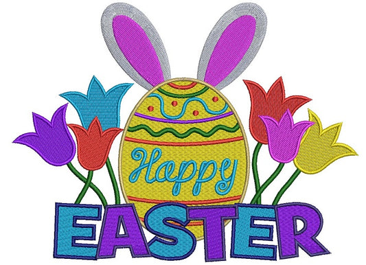 Happy Easter Egg With Bunny Ears Filled Machine Embroidery Digitized Design Pattern