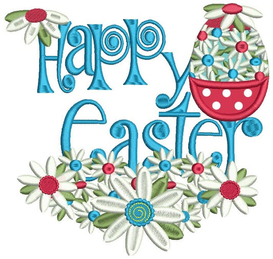 Happy Easter Egg With Flowers Applique Machine Embroidery Design Digitized Pattern