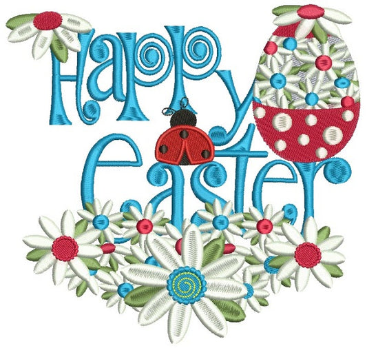 Happy Easter Egg With Flowers and Ladybug Filled Machine Embroidery Design Digitized Pattern