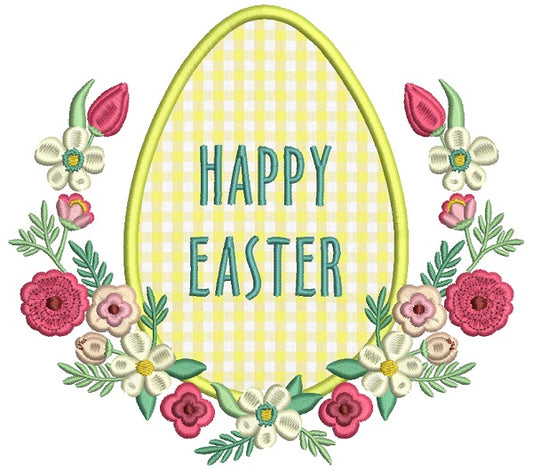 Happy Easter Egg With Ornamental Flowers Applique Machine Embroidery Design Digitized Pattern