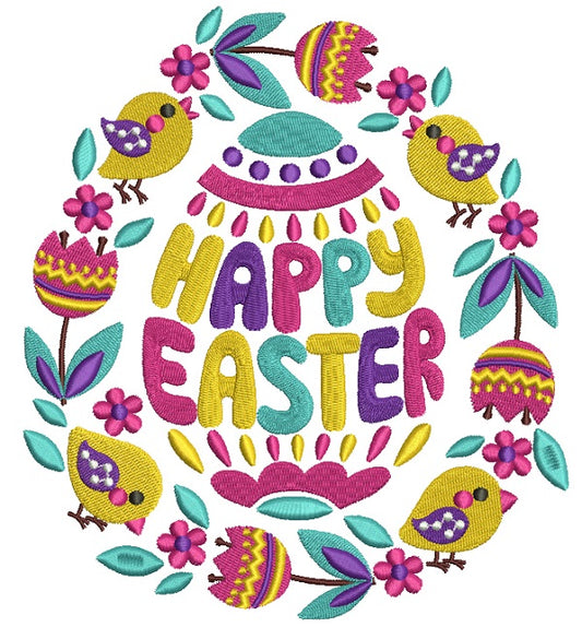 Happy Easter Ornate Egg And Birds Filled Machine Embroidery Design Digitized Pattern