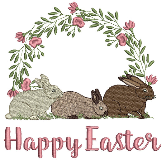 Happy Easter Three Bonnies And Flowers Filled Machine Embroidery Design Digitized Pattern