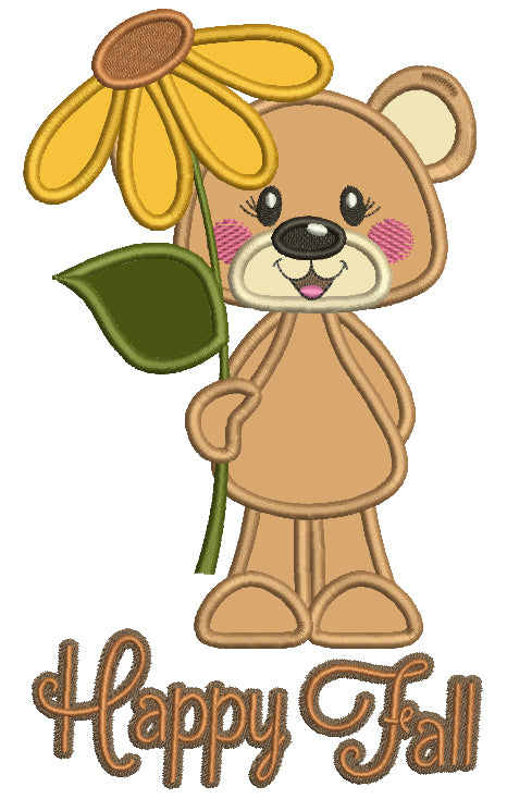 Happy Fall Bear With a Flower Applique Machine Embroidery Design Digitized Pattern