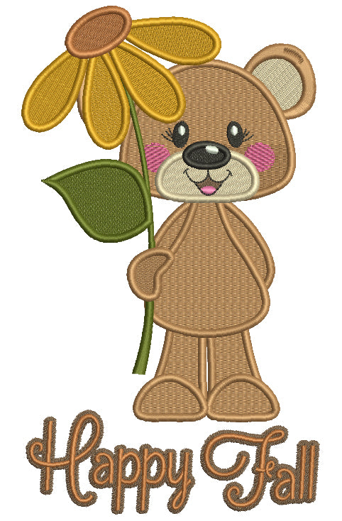 Happy Fall Bear With a Flower Filled Machine Embroidery Design Digitized Pattern