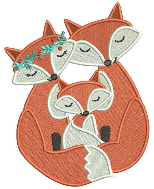 Happy Fox Family Filled Machine Embroidery Design Digitized Pattern