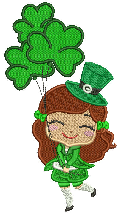 Happy Girl With Shamrock Balloons St. Patrick's Day Filled Machine Embroidery Design Digitized Pattern