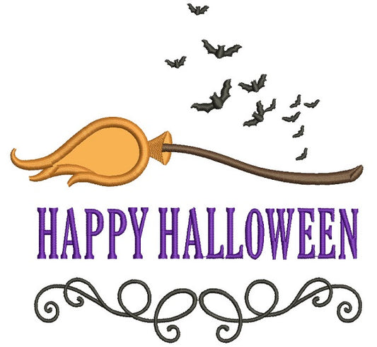 Happy Halloween Bats and Broomstick Applique Machine Embroidery Design Digitized Pattern
