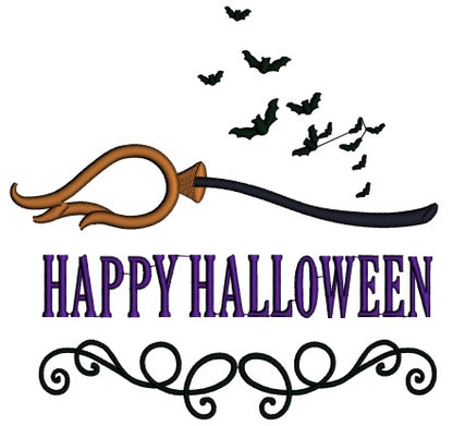 Happy Halloween Bats and Broomstick Applique Machine Embroidery Design Digitized Pattern
