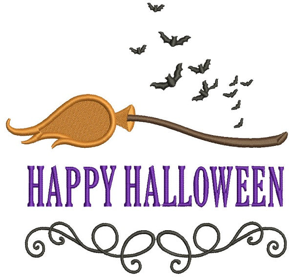 Happy Halloween Bats and Broomstick Filled Machine Embroidery Design Digitized Pattern