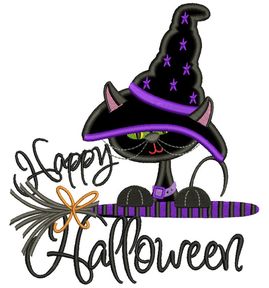 Happy Halloween Black Cat Witch on a Broom Halloween Applique Machine Embroidery Digitized Design Pattern