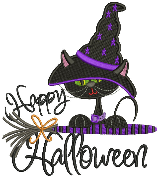 Happy Halloween Black Cat Witch on a Broom Halloween Filled Machine Embroidery Digitized Design Pattern