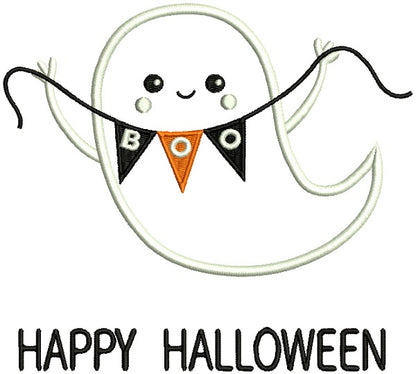 Happy Halloween Friendly Ghost Applique Machine Embroidery Design Digitized Pattern