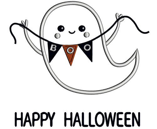 Happy Halloween Friendly Ghost Applique Machine Embroidery Design Digitized Pattern
