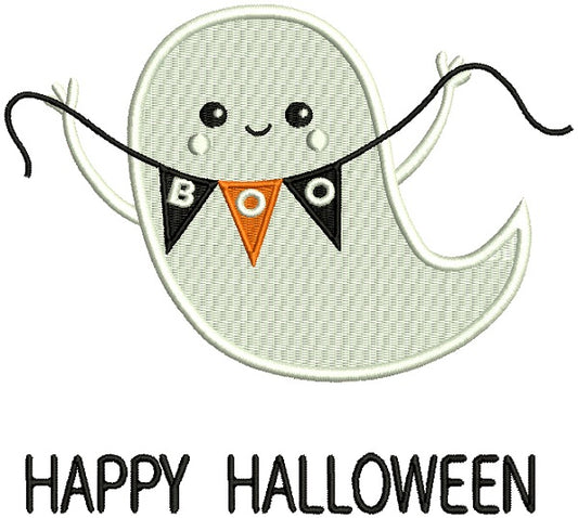 Happy Halloween Friendly Ghost Filled Machine Embroidery Design Digitized Pattern