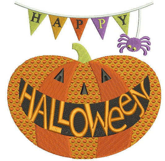 Happy Halloween Smiling Pumpkin Filled Machine Embroidery Design Digitized Pattern