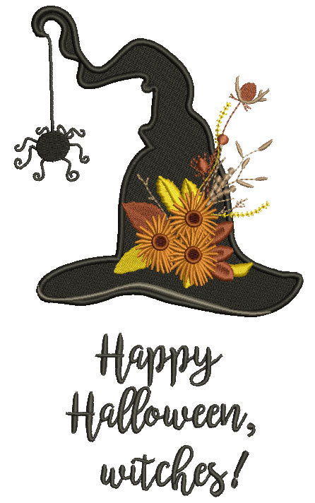 Happy Halloween Witches Hat With a Spider Halloween Filled Machine Embroidery Design Digitized Pattern