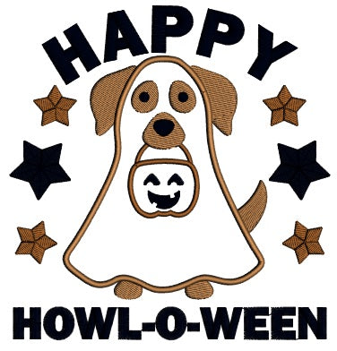 Happy Howl-O-Ween Cute Dog Halloween Applique Machine Embroidery Design Digitized Pattern