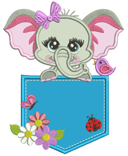 Happy Little Elephant Sitting Inside a Pocket With Ladybug and Flowers Applique Machine Embroidery Design Digitized Pattern