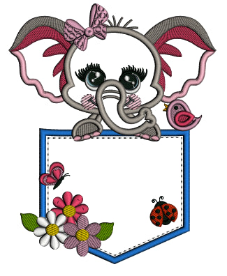 Happy Little Elephant Sitting Inside a Pocket With Ladybug and Flowers Applique Machine Embroidery Design Digitized Pattern