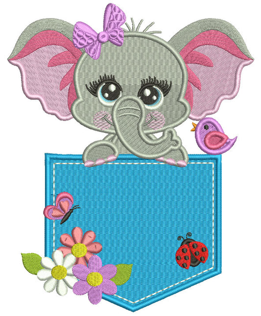 Happy Little Elephant Sitting Inside a Pocket With Ladybug and Flowers Filled Machine Embroidery Design Digitized Pattern