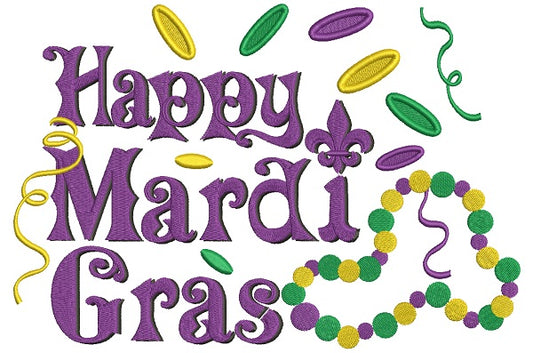 Happy Mardi Gras Beads And Coins Filled Machine Embroidery Design Digitized Pattern