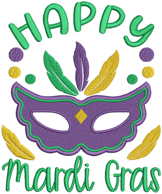 Happy Mardi Gras Mask With Feathers Filled Machine Embroidery Design Digitized Pattern