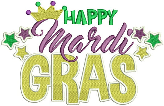Happy Mardi Gras Stars And Crown Filled Machine Embroidery Design Digitized Pattern