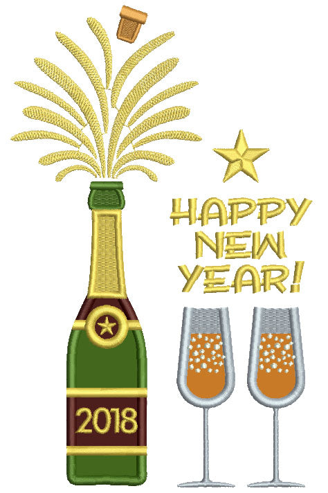 Happy New Year Bottle Of Champagne Applique Machine Embroidery Design Digitized Pattern