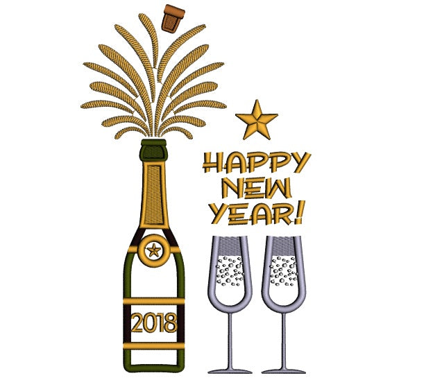 Happy New Year Bottle Of Champagne Applique Machine Embroidery Design Digitized Pattern