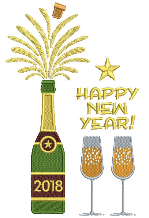 Happy New Year Bottle Of Champagne Filled Machine Embroidery Design Digitized Pattern