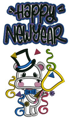 Happy New Year Hippo With a Ring Bell Applique Machine Embroidery Design Digitized Pattern