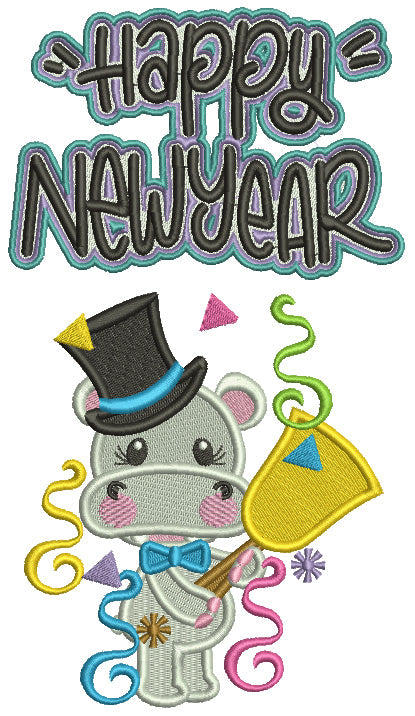 Happy New Year Hippo With a Ring Bell Filled Machine Embroidery Design Digitized Pattern