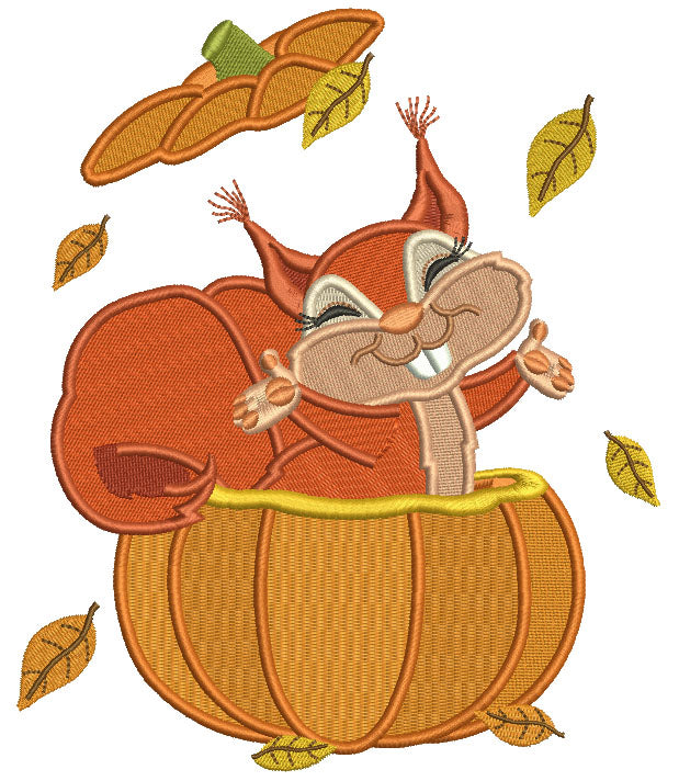 Happy Squirrel Inside a Pumpkin Filled Machine Embroidery Design Digitized Pattern