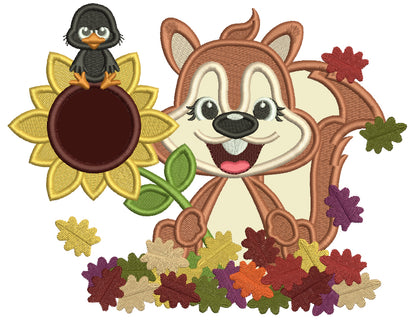 Happy Squirrel With Sunflower And Fall Leaves Applique Machine Embroidery Design Digitized Pattern
