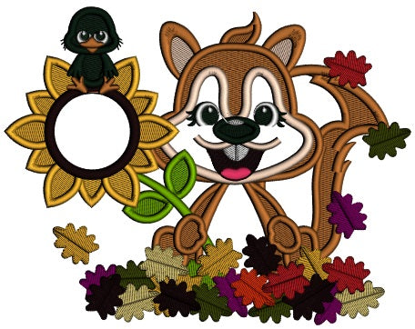Happy Squirrel With Sunflower And Fall Leaves Applique Machine Embroidery Design Digitized Pattern