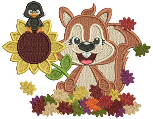 Happy Squirrel With Sunflower And Fall Leaves Filled Machine Embroidery Design Digitized Pattern