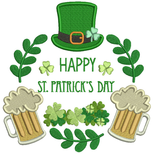 Happy St. Patrick's Day Two Beer Glasses Filled Machine Embroidery Design Digitized Pattern