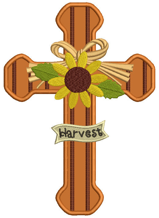 Harvest Cross With Sunflower Thanksgiving Applique Machine Embroidery Design Digitized Pattern