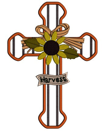 Harvest Cross With Sunflower Thanksgiving Applique Machine Embroidery Design Digitized Pattern