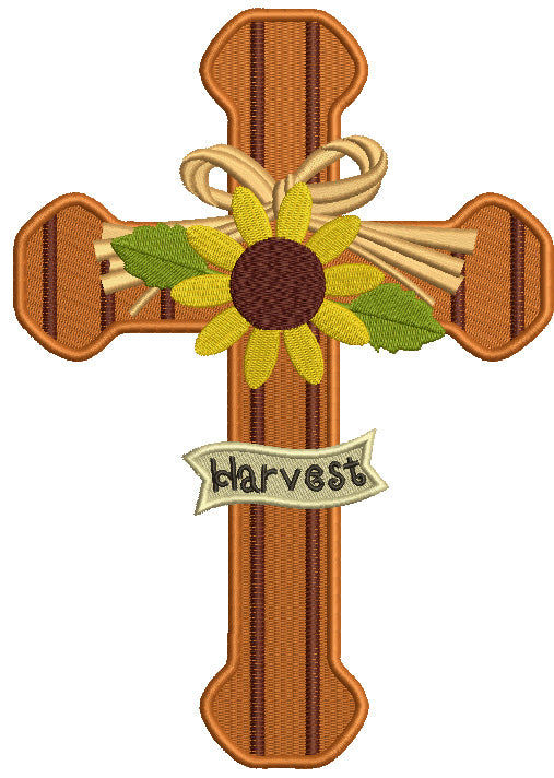 Harvest Cross With Sunflower Thanksgiving Filled Machine Embroidery Design Digitized Pattern