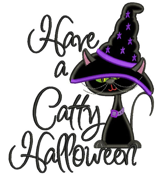 Have a Catty Halloween Black Cat Wearing Witch's Hat Applique Machine Embroidery Digitized Design Pattern