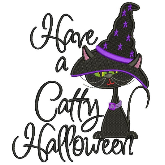 Have a Catty Halloween Black Cat Wearing Witch's Hat Filled Machine Embroidery Digitized Design Pattern